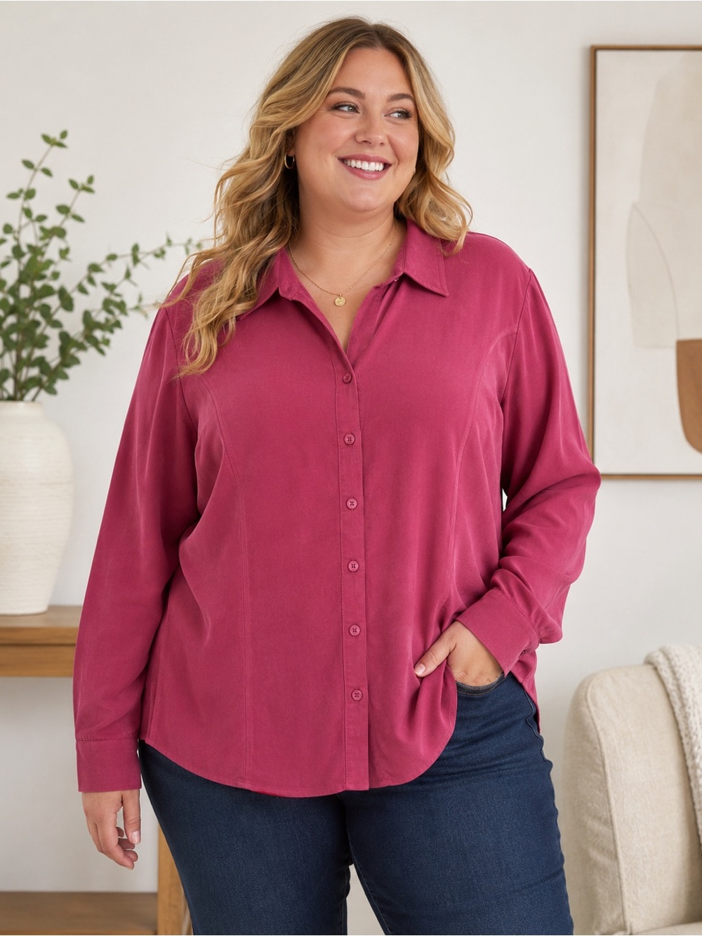 Penningtons Button-Front Shirt in Raspberry Size 26 Office Business Casual